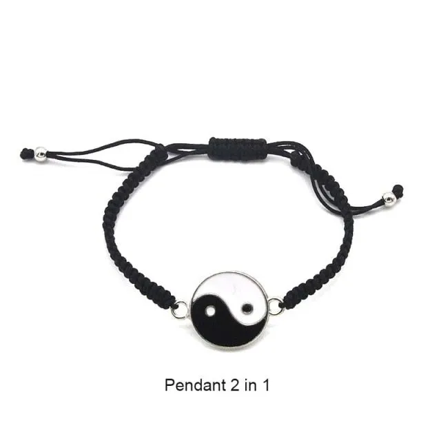 Tai Chi Yin Yang Couple Bracelets Alloy Pendant Adjustable Braid Chain Bracelet Necklace Matching Lover Bracelets Necklaces