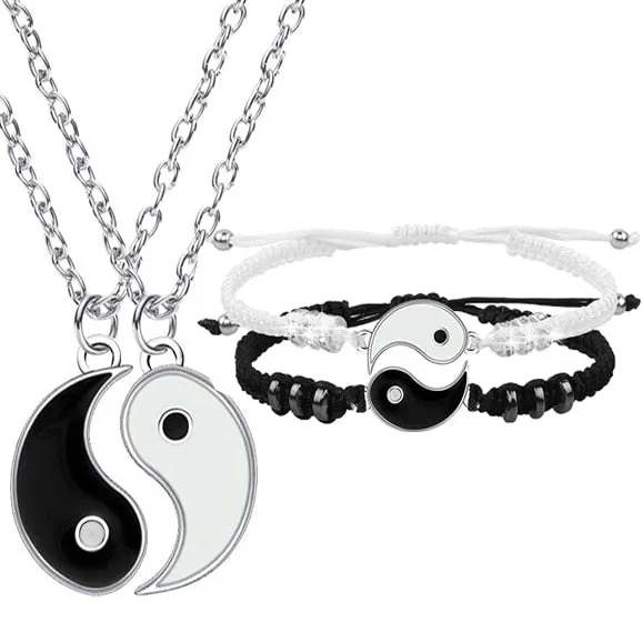 Tai Chi Yin Yang Couple Bracelets Alloy Pendant Adjustable Braid Chain Bracelet Necklace Matching Lover Bracelets Necklaces