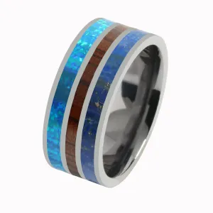 Tantalum with Lapis Lazuli, Blue Opal and Koa Wood Inlaid Wedding Ring Flat 10mm