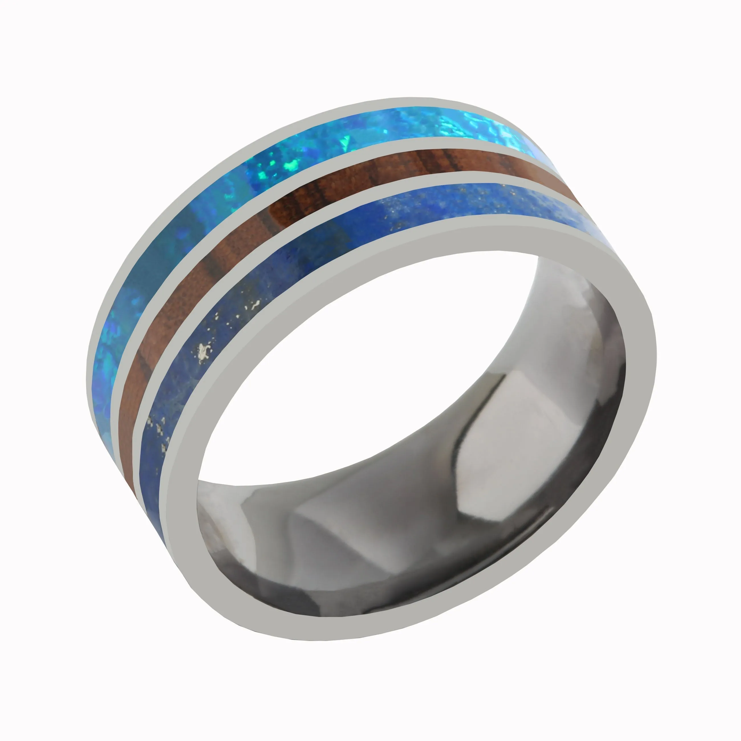 Tantalum with Lapis Lazuli, Blue Opal and Koa Wood Inlaid Wedding Ring Flat 10mm