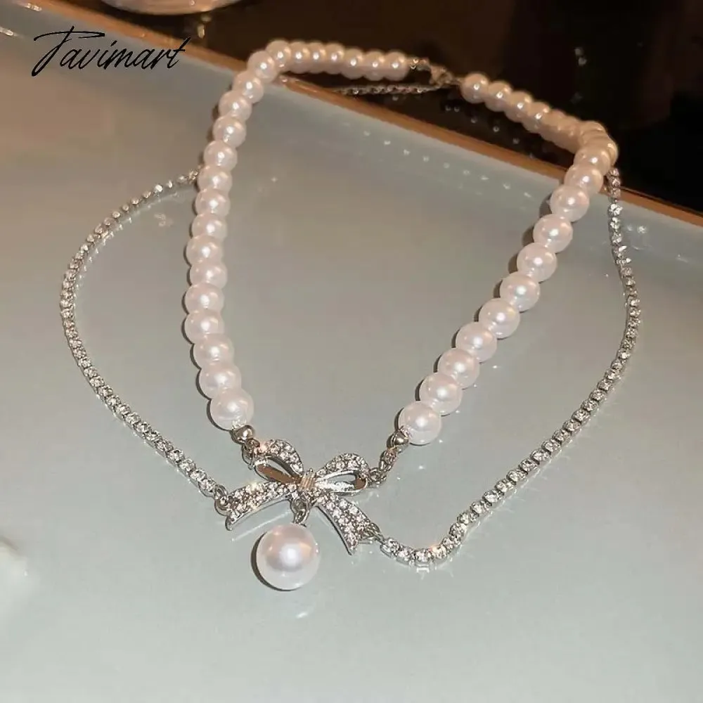 Tavimart New Fashion Zircon Bowknot Pearl Necklace for Women Shiny Rhinestone Double Layer Chain Necklace Wedding Party Jewelry Gift