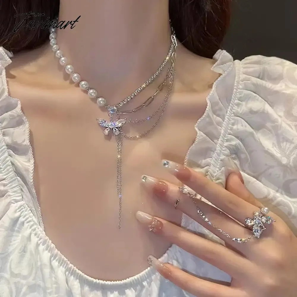 Tavimart New Fashion Zircon Bowknot Pearl Necklace for Women Shiny Rhinestone Double Layer Chain Necklace Wedding Party Jewelry Gift