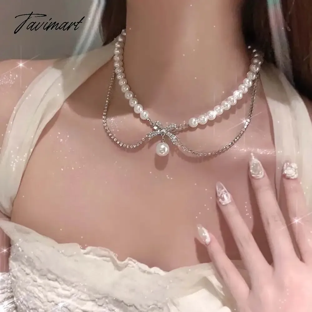 Tavimart New Fashion Zircon Bowknot Pearl Necklace for Women Shiny Rhinestone Double Layer Chain Necklace Wedding Party Jewelry Gift