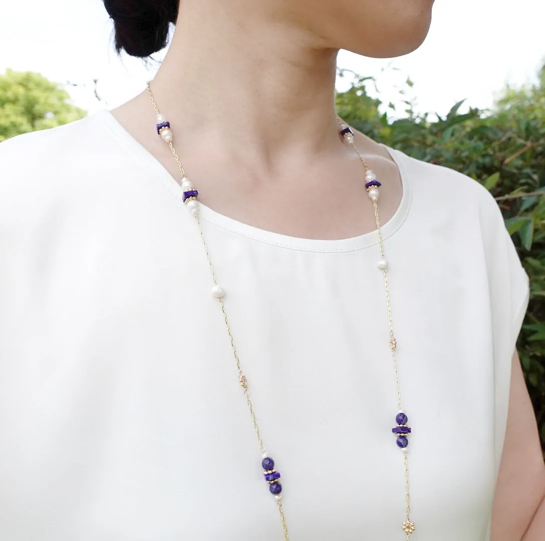 The Nine Lapis and Pearl Long Necklace and Earrings Set