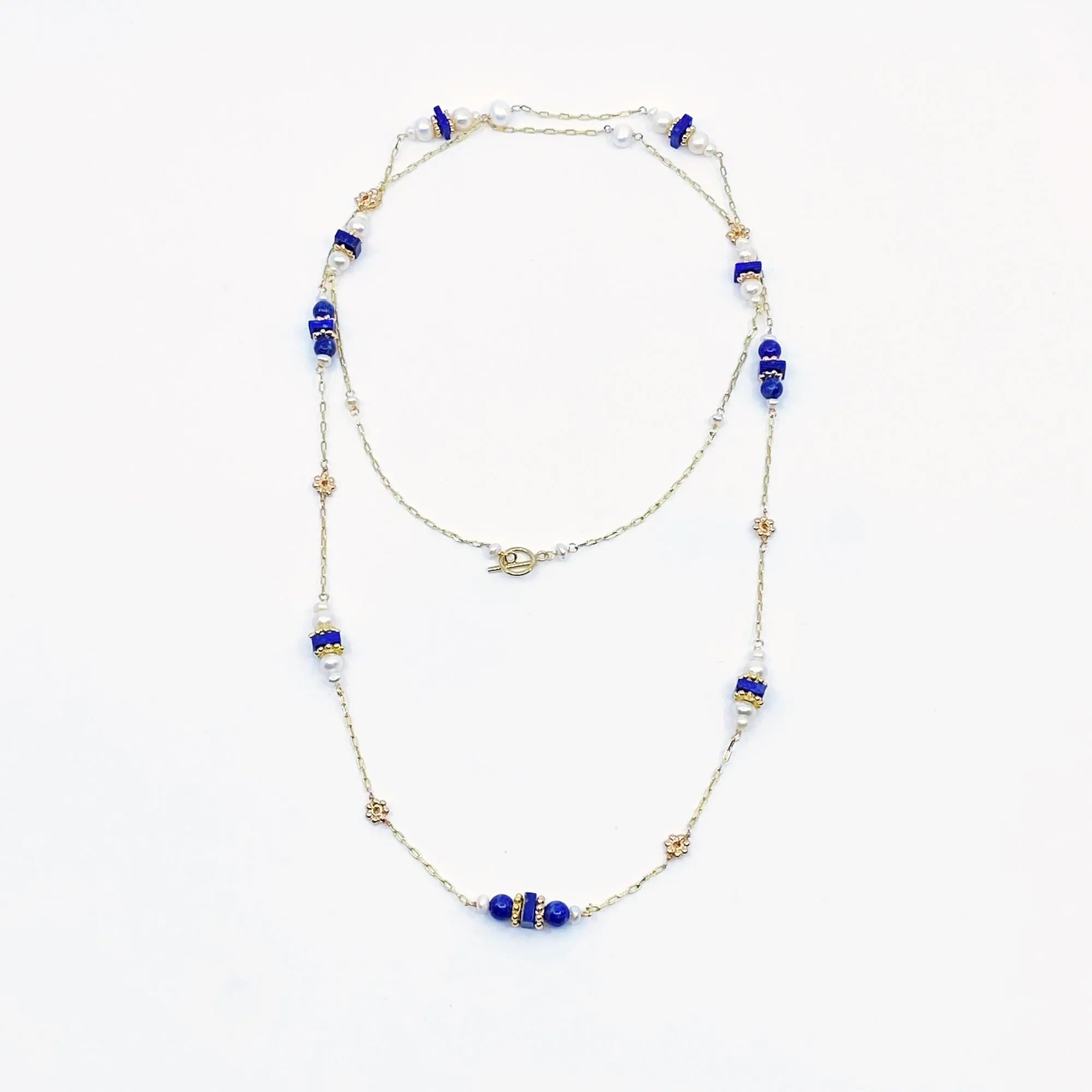 The Nine Lapis and Pearl Long Necklace and Earrings Set