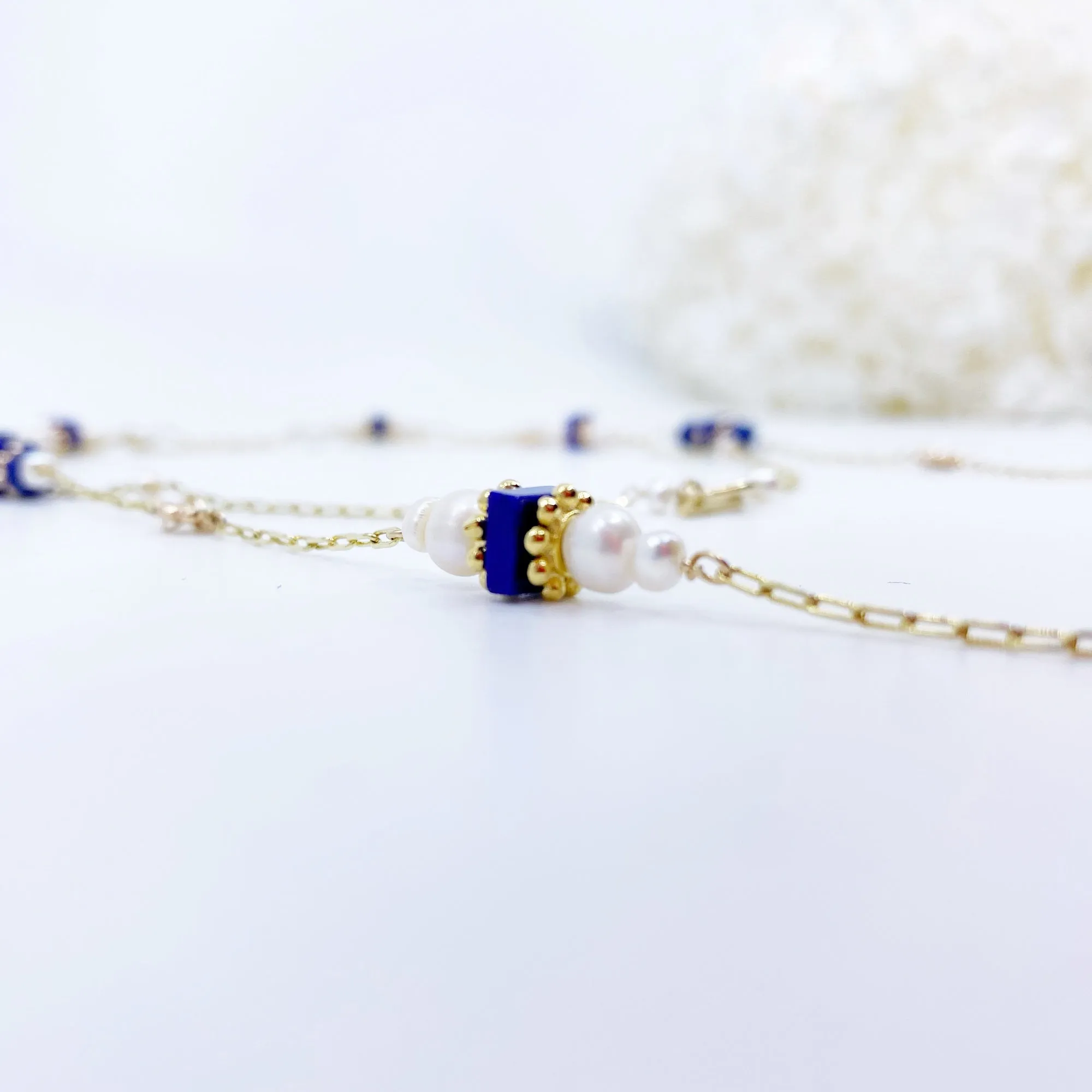 The Nine Lapis and Pearl Long Necklace and Earrings Set