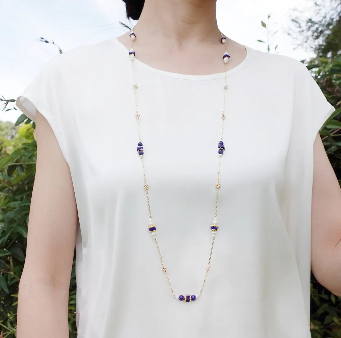 The Nine Lapis and Pearl Long Necklace and Earrings Set