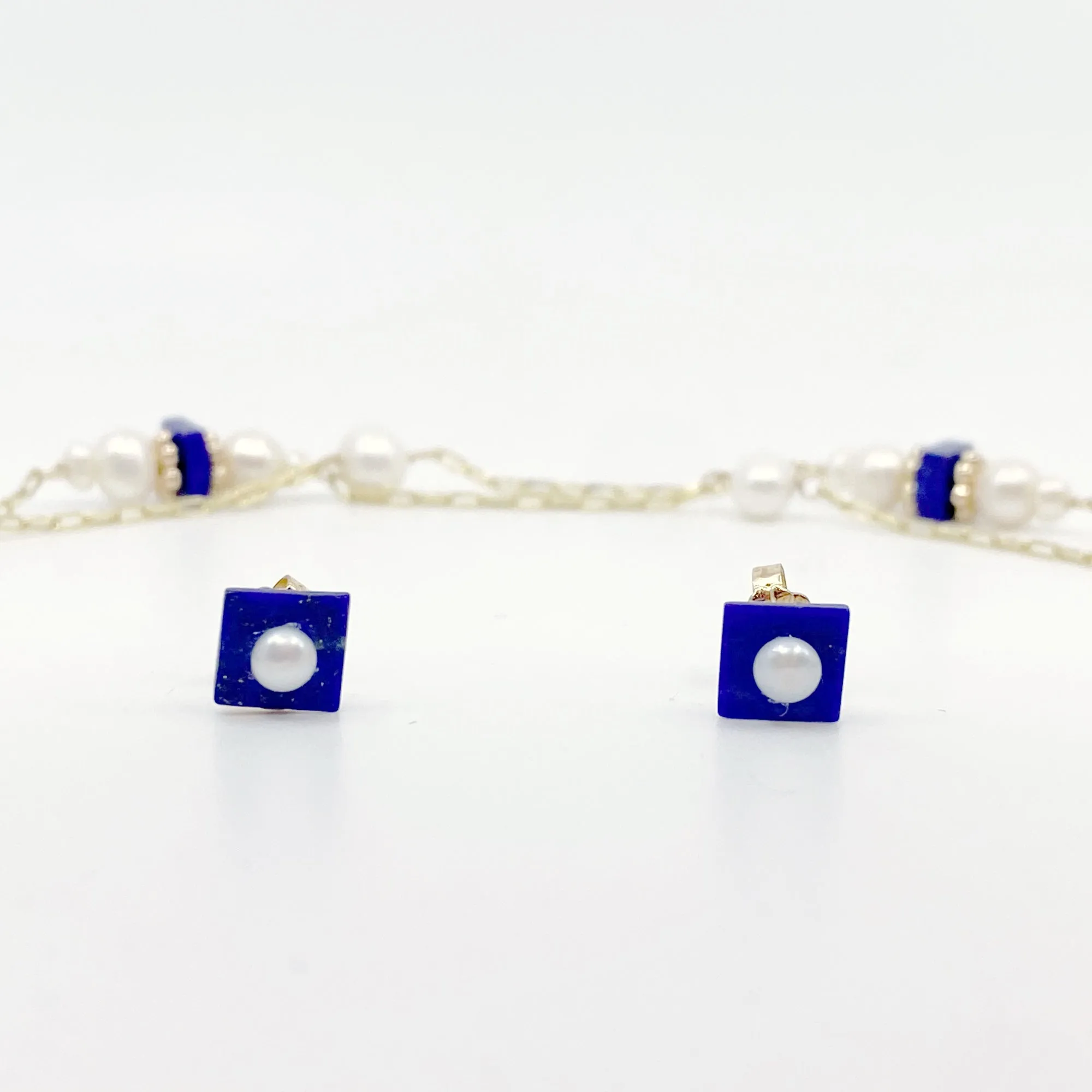 The Nine Lapis and Pearl Long Necklace and Earrings Set