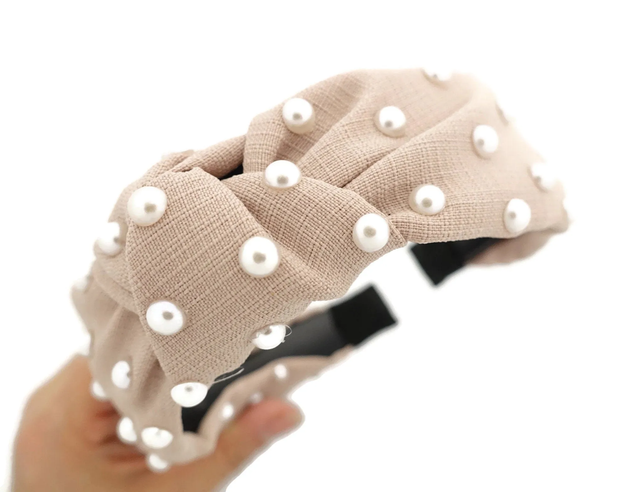 thin fabric front knot pearl decorated fashion headband stylish trendy hairband accessories for women