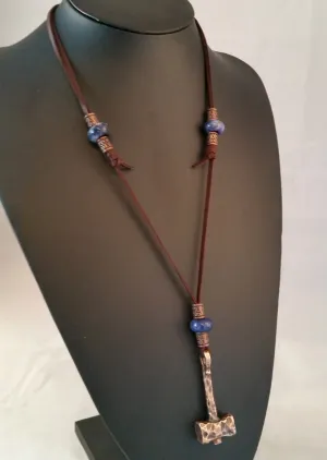 Thor's Hammer Necklace Copper Brown Leather Lapis Blue | MTM