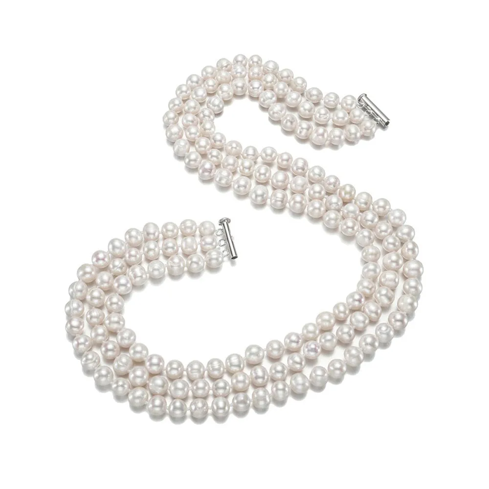 Three-layer 8-9mm White Pearl Necklace For Women Ladies