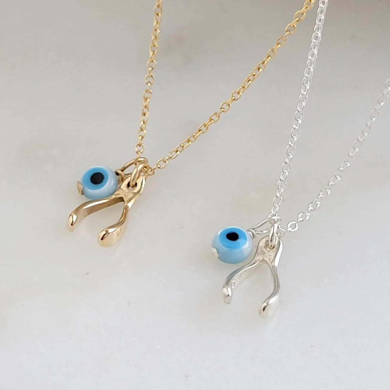 Tiny Wishbone & Evil Eye Necklace