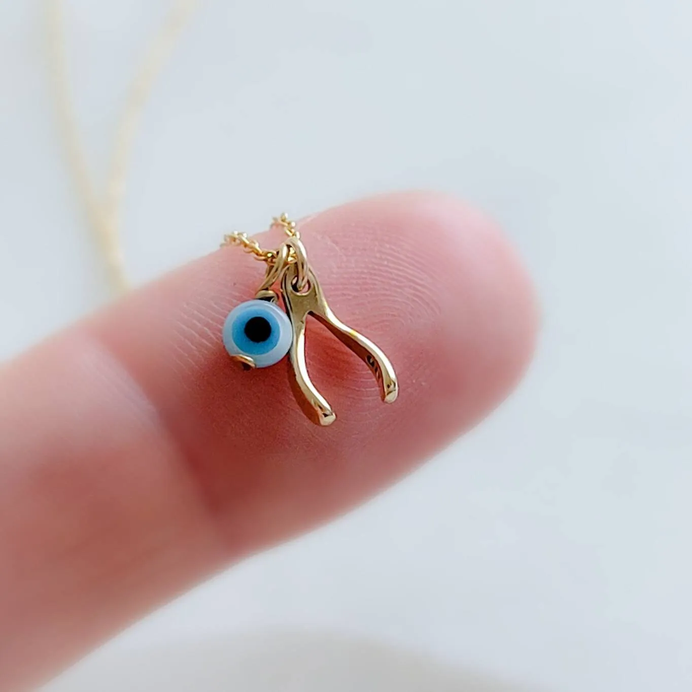 Tiny Wishbone & Evil Eye Necklace