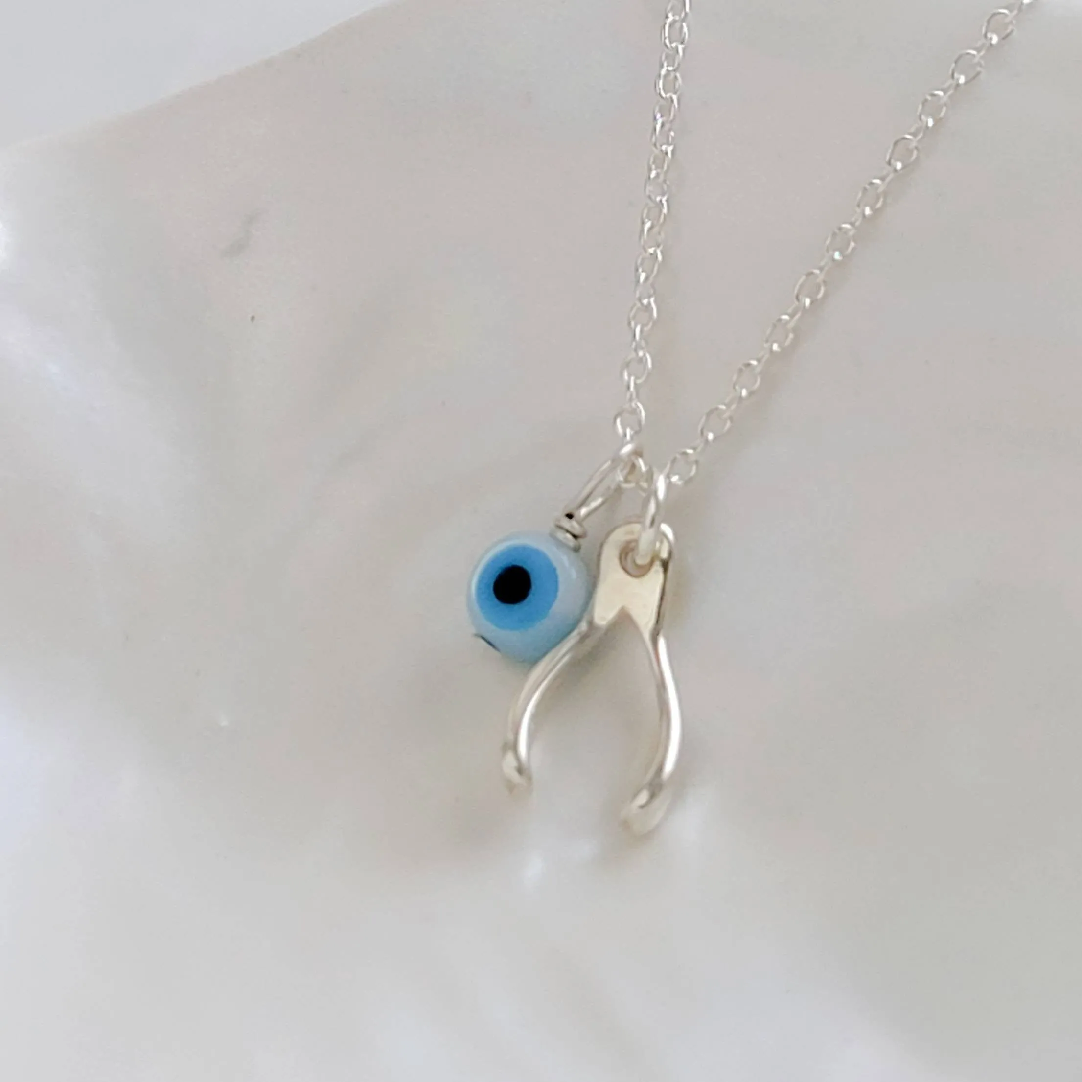 Tiny Wishbone & Evil Eye Necklace