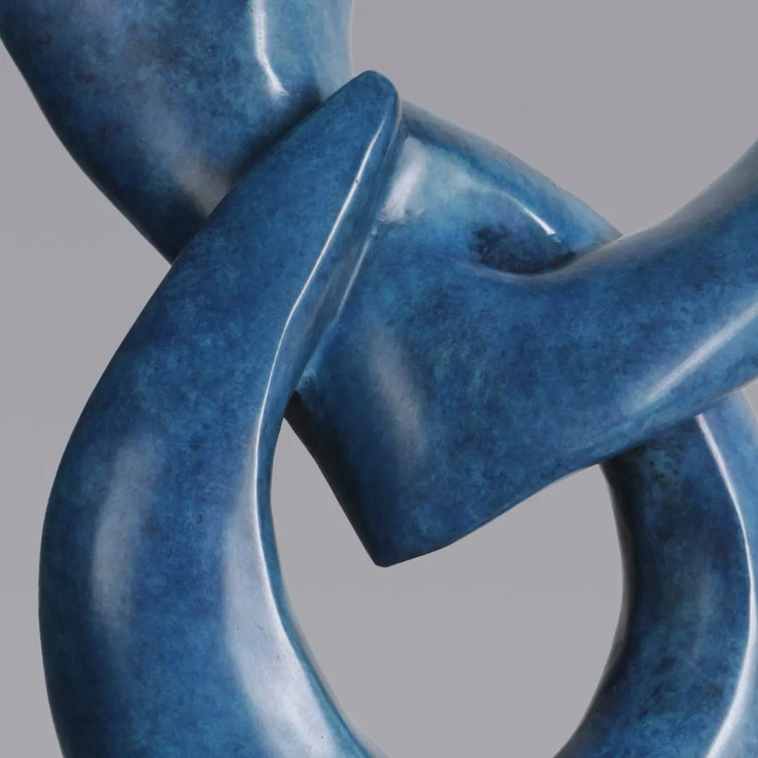 “Two Rings” Contemporary Italian Blue Patinated Bronze Abstract Sculpture