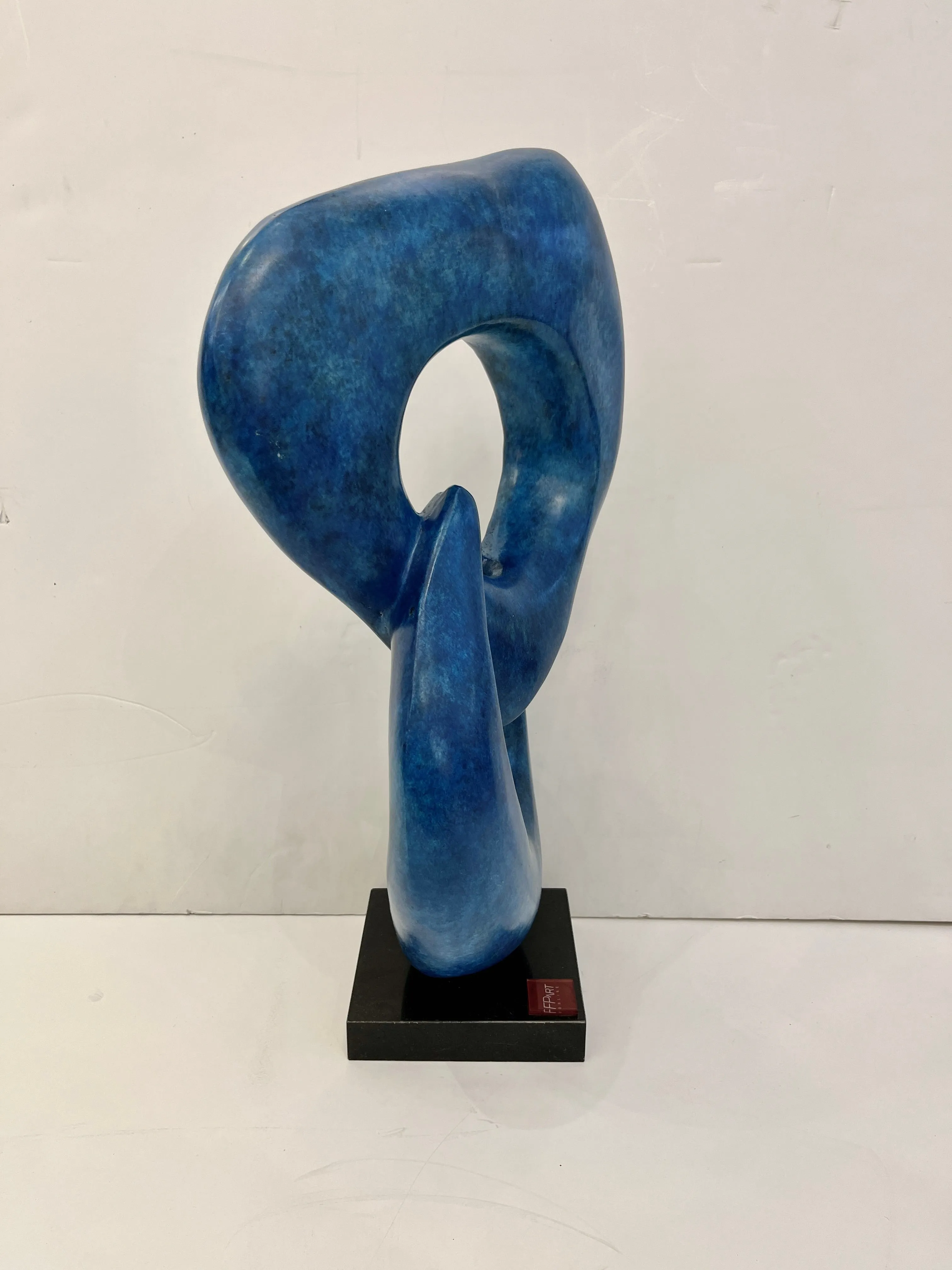 “Two Rings” Contemporary Italian Blue Patinated Bronze Abstract Sculpture