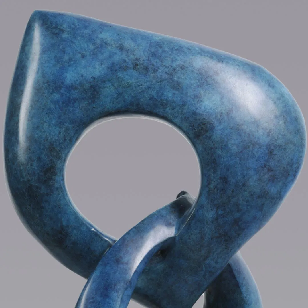 “Two Rings” Contemporary Italian Blue Patinated Bronze Abstract Sculpture