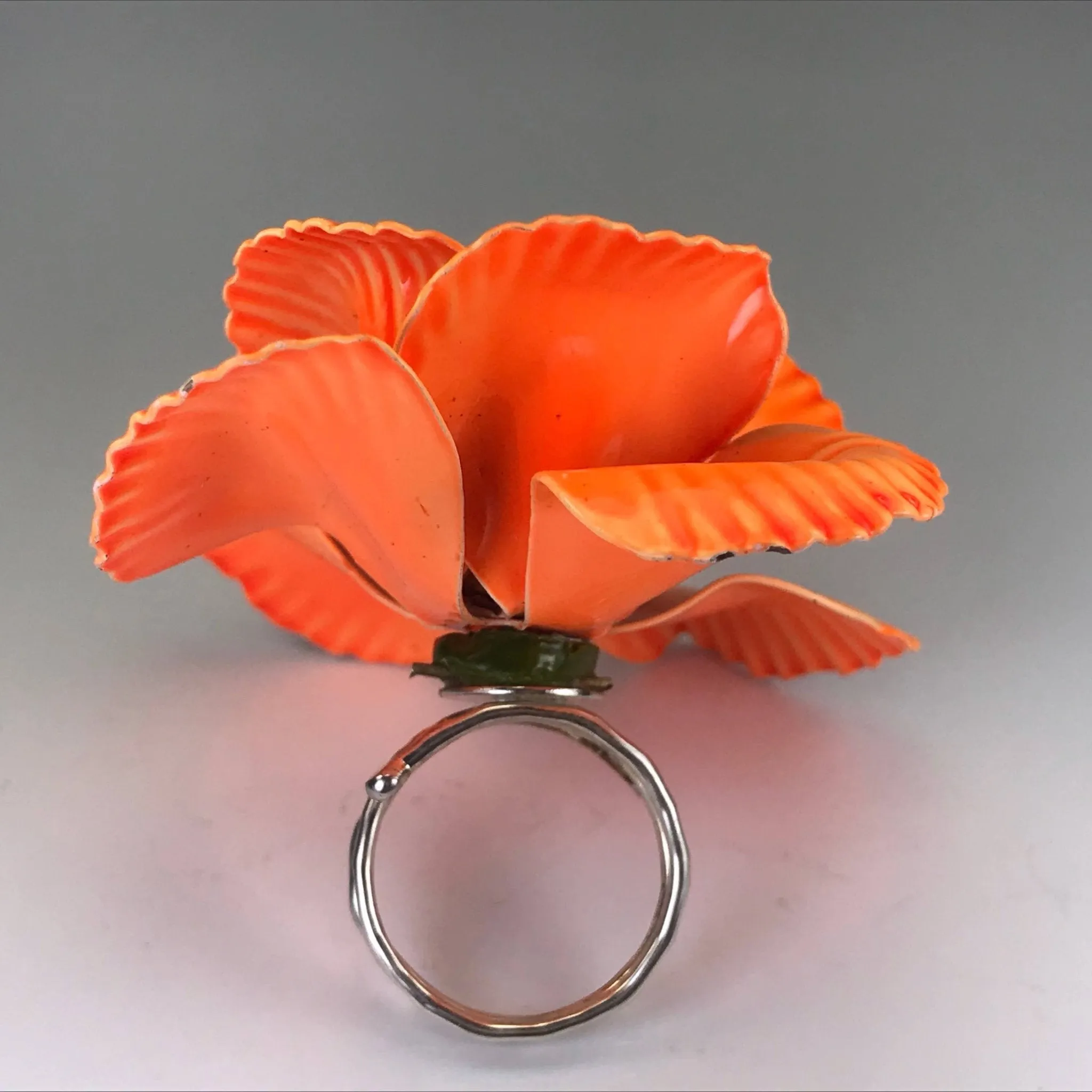 Upcycled Orange Enamel Flower Ring. Tropical Flower Ring. Recycled Estate Jewelry