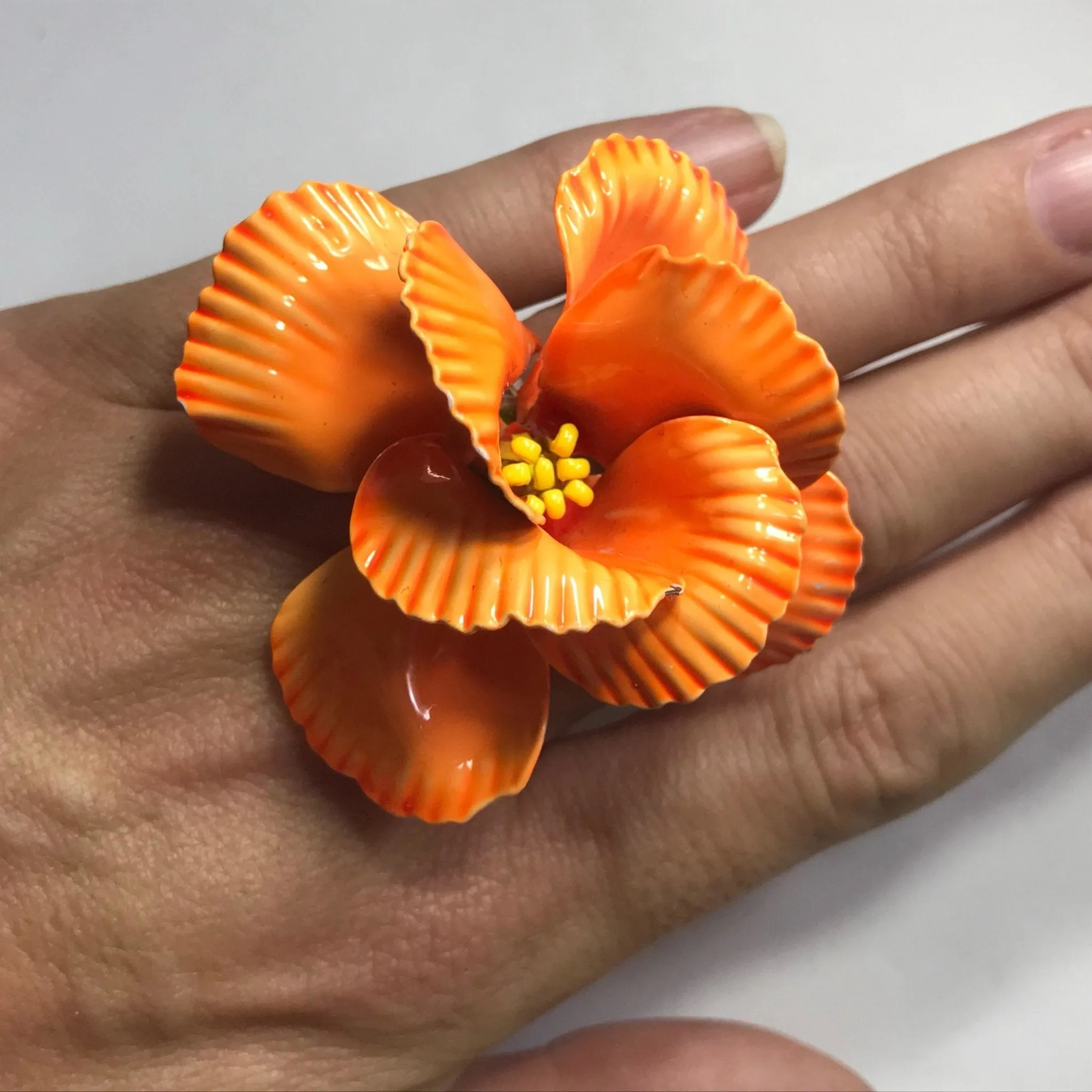 Upcycled Orange Enamel Flower Ring. Tropical Flower Ring. Recycled Estate Jewelry