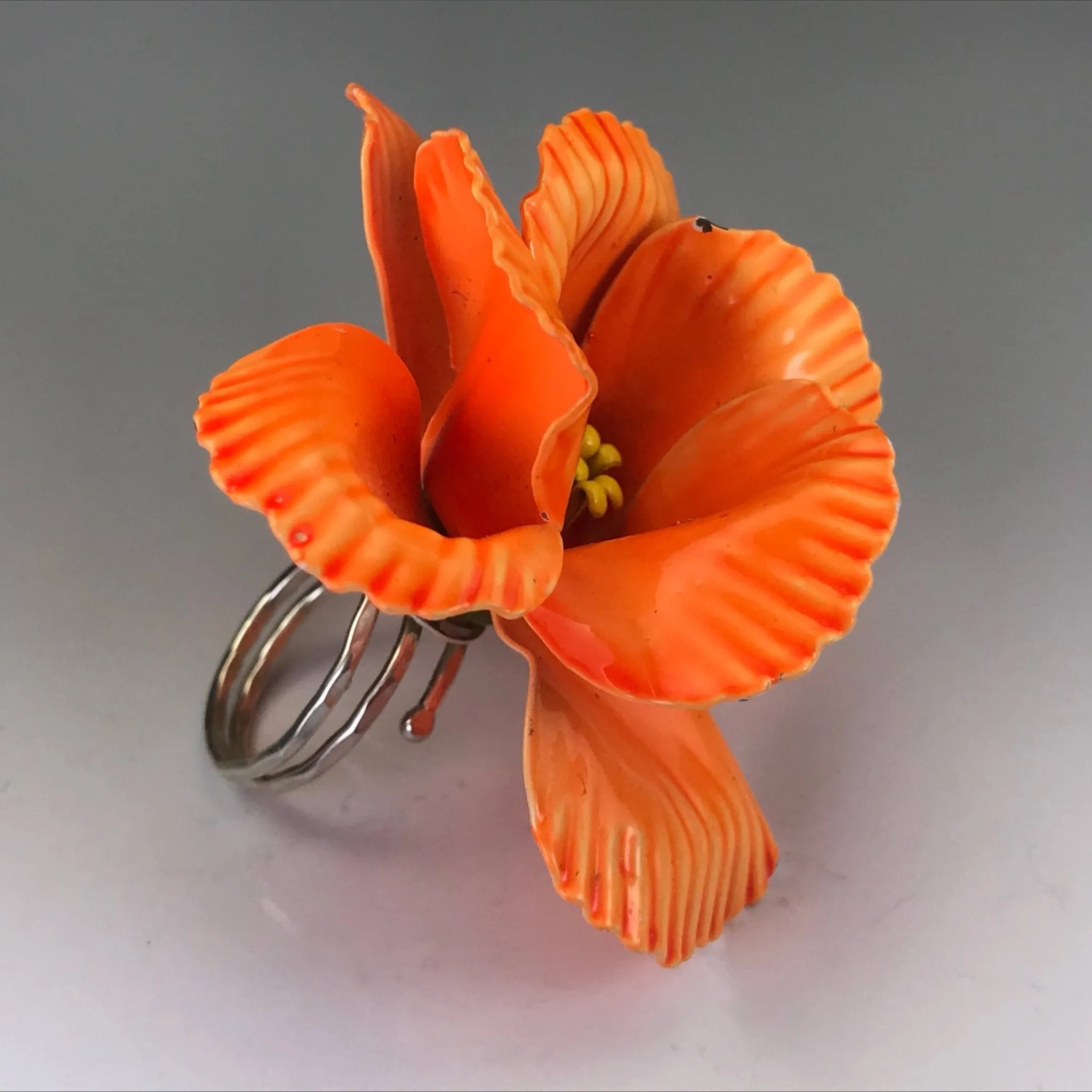 Upcycled Orange Enamel Flower Ring. Tropical Flower Ring. Recycled Estate Jewelry