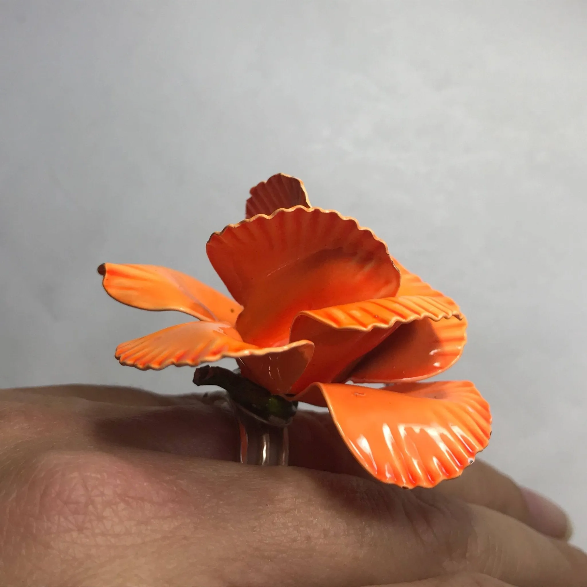 Upcycled Orange Enamel Flower Ring. Tropical Flower Ring. Recycled Estate Jewelry