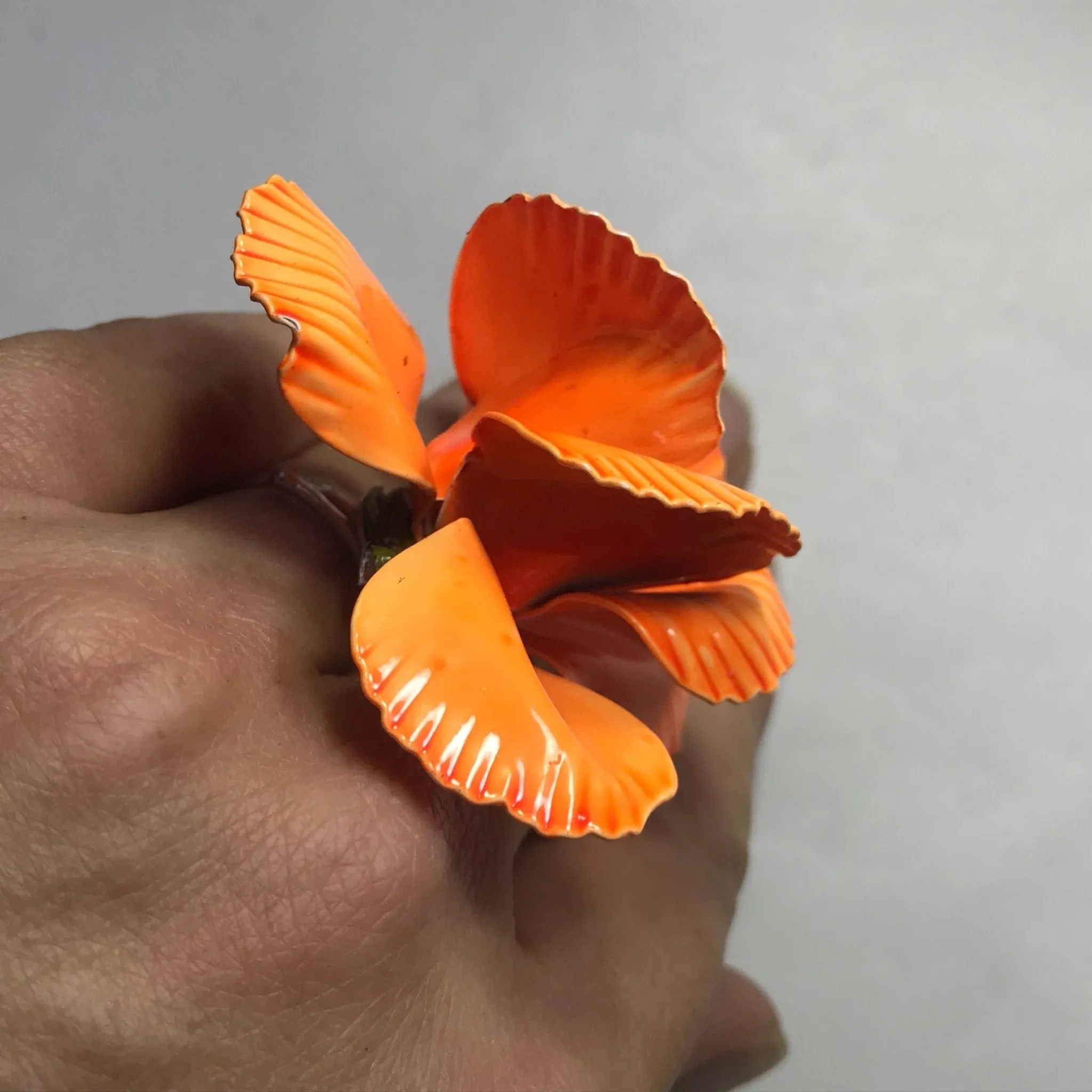 Upcycled Orange Enamel Flower Ring. Tropical Flower Ring. Recycled Estate Jewelry