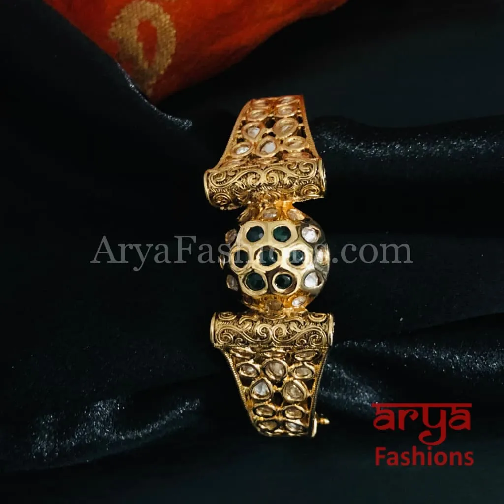 Veera Emerald Green Kundan Rajwadi Openable Bracelet/ Rajasthani Jaipuri Pacchi Kundan Bracelet