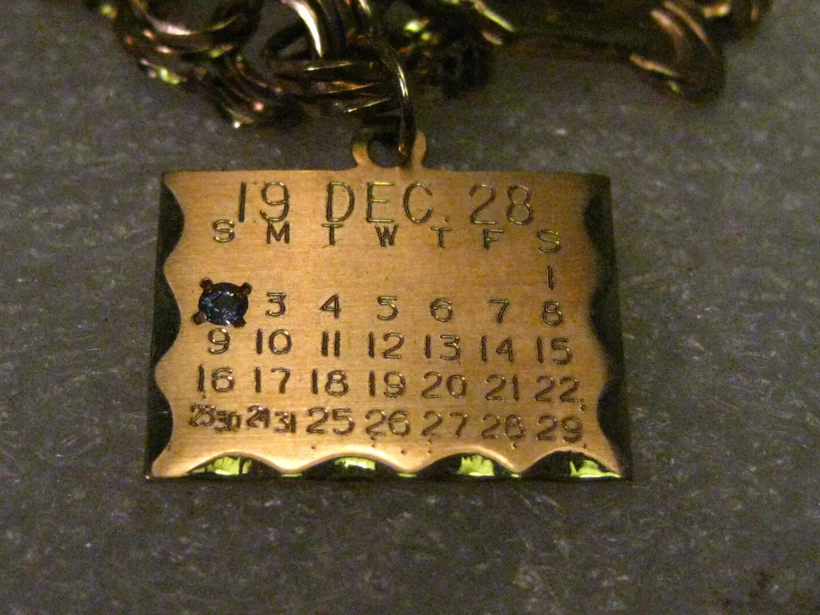 Vintage 14kt Solid Gold December 2, 1928 Birthday Calendar Charm or Pendant with Zircon, signed, 1.89 gr.  3/4"