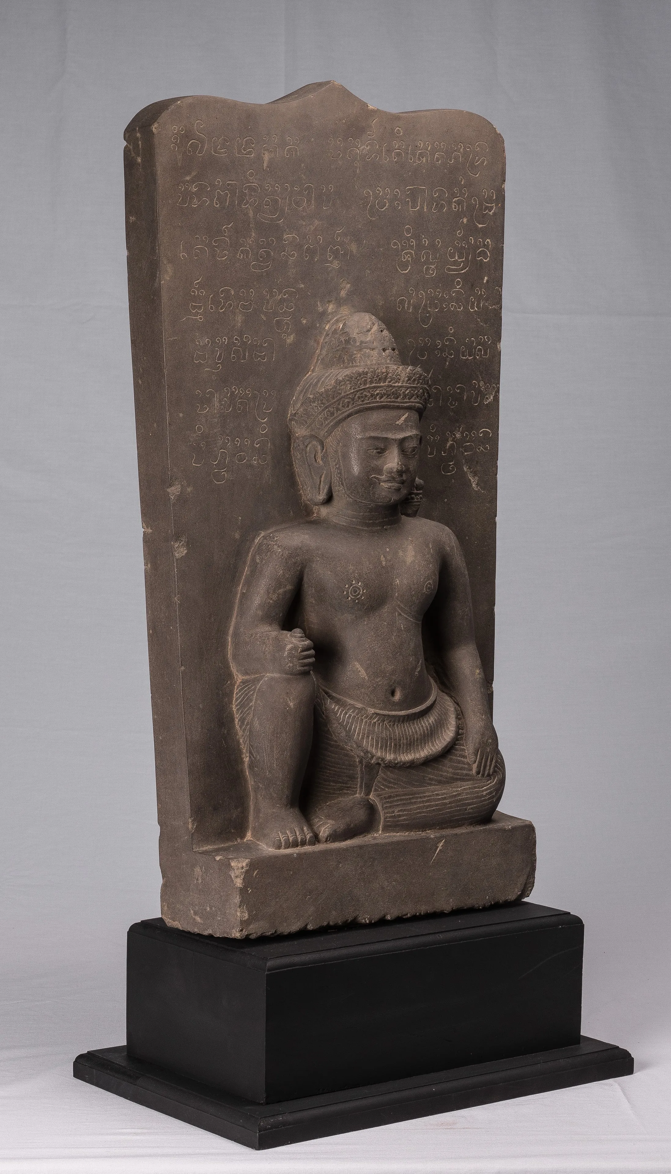 Vishnu Statue - Antique Baphuon Style Stone Seated Khmer Vishnu & Lakshmi Stele  - 80cm / 32"