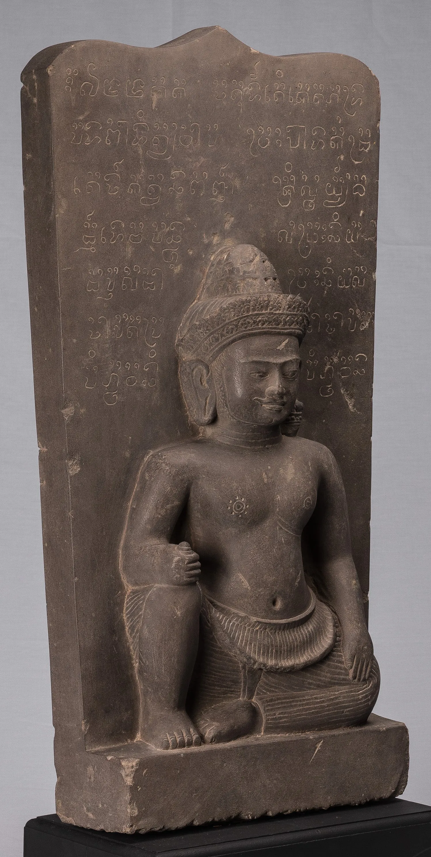 Vishnu Statue - Antique Baphuon Style Stone Seated Khmer Vishnu & Lakshmi Stele  - 80cm / 32"