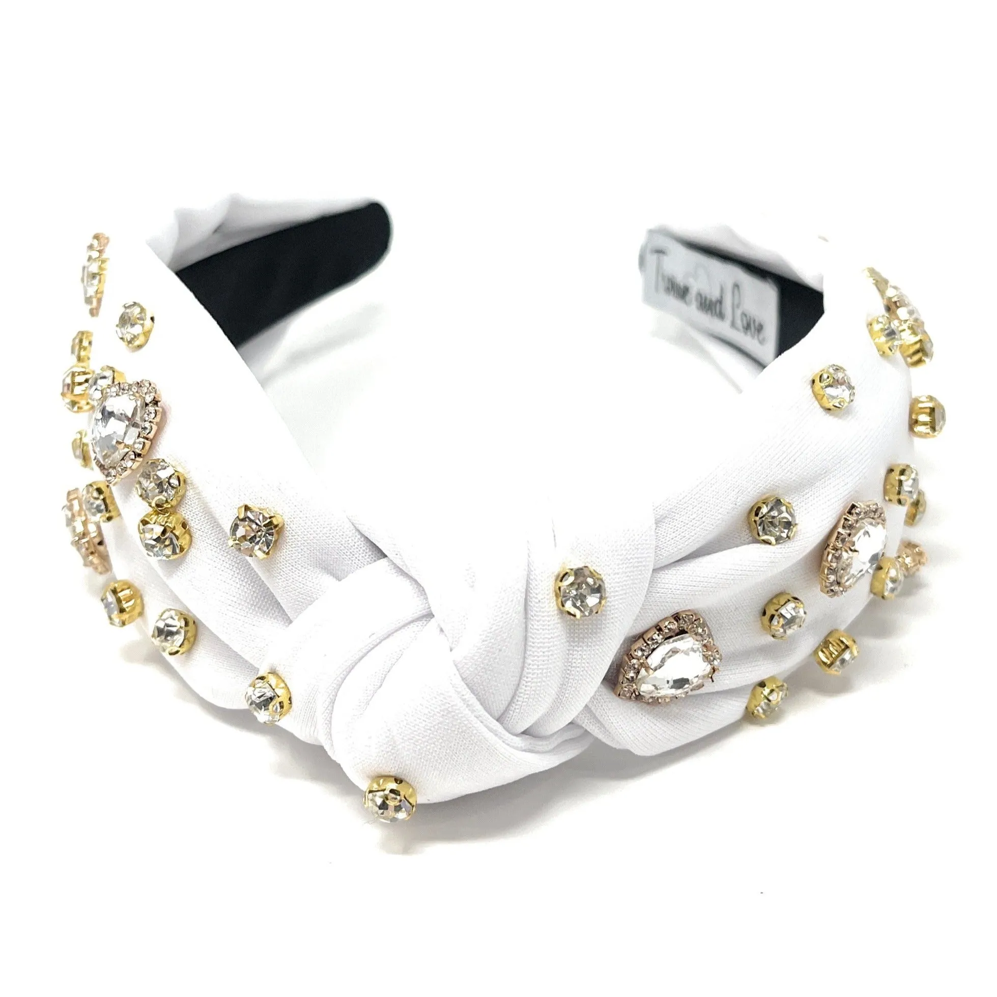 White Hearts Jeweled Knot Headband