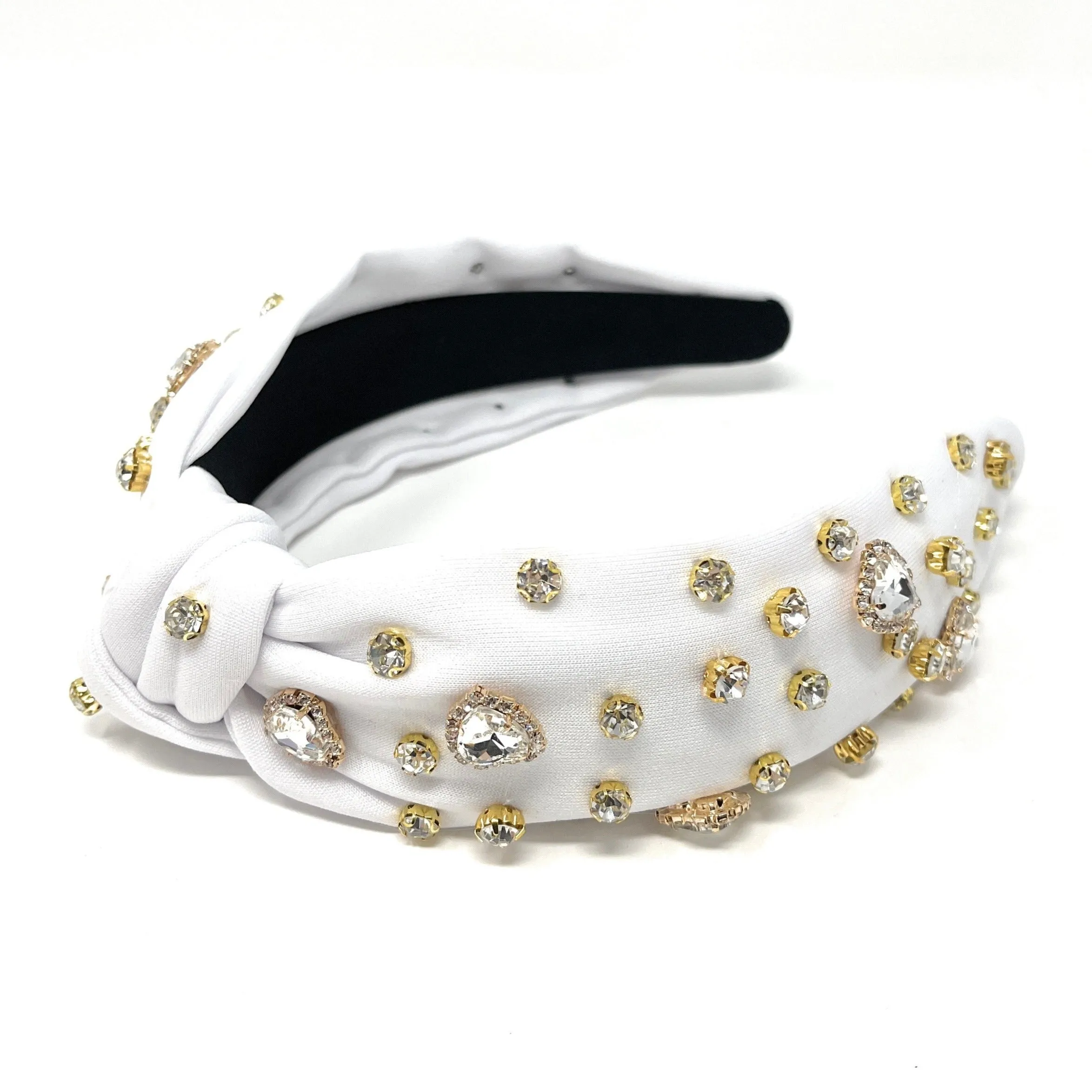 White Hearts Jeweled Knot Headband