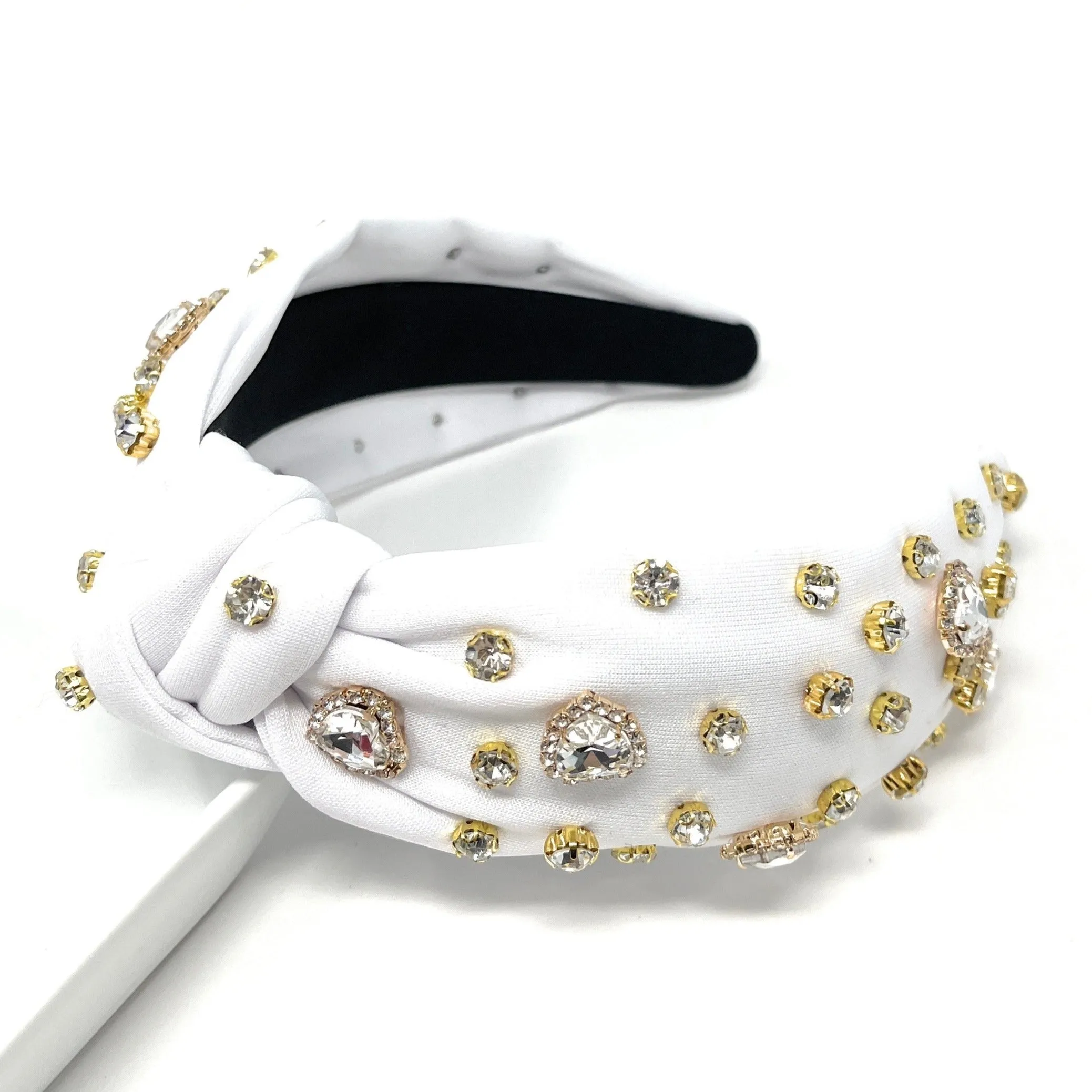 White Hearts Jeweled Knot Headband