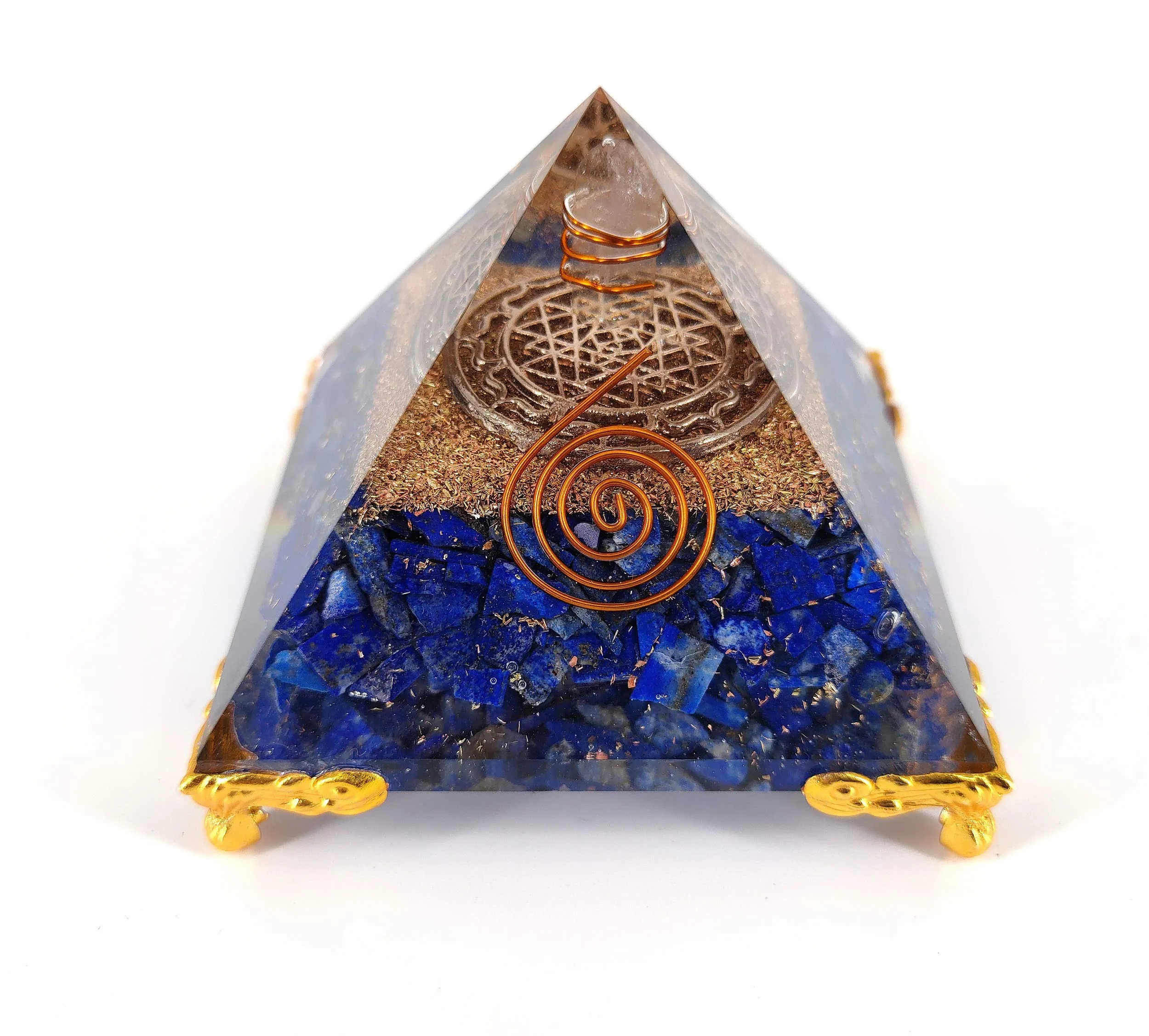 White Whale Lapis Lazuli Orgone Pyramid Energy Generator Reiki Healing Crystal Chakra with Gold Stand Feng Shui Pyramid