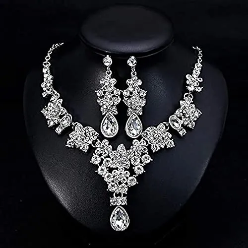 Yellow Chimes Crystal Jewellery Set for Women Floral Design A5 Grade Zircon Crystal Silver Choker Necklace Set for Women and Girls.